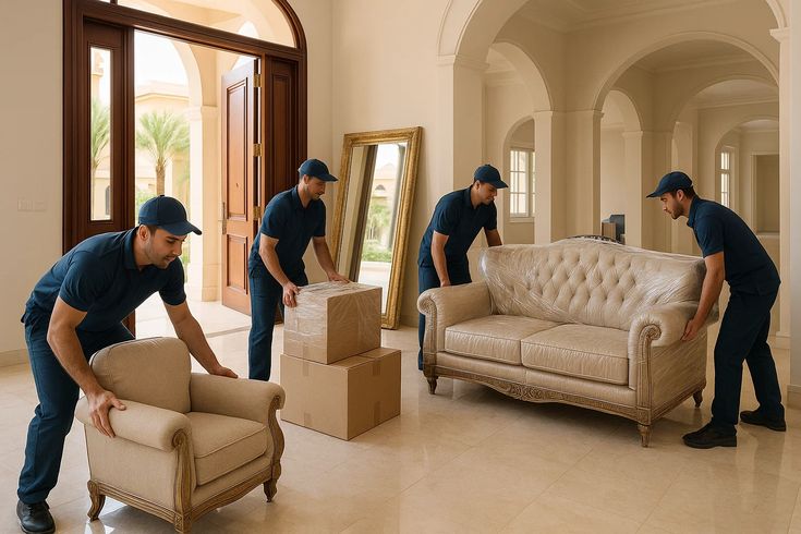 Professional moving team carrying furniture